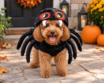 Disfraz de mascota de monstruo araña de terciopelo negro – Talla L, disfraz de Halloween para perro, 49 cm de espalda