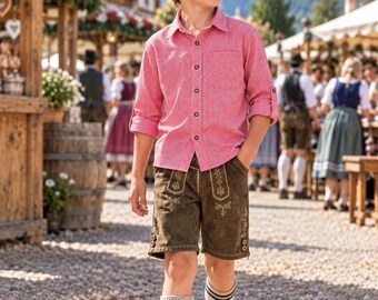 Vintage Boys Trachten Shirt 7-8 Years 122-128 cm Red Gingham 100% Cotton Bavarian Oktoberfest