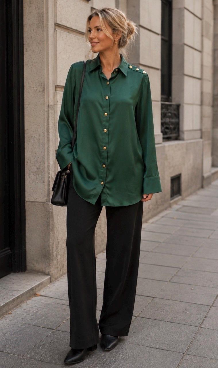 emerald green dress shirt women's Vintage 80's With Gold Buttons Size L -US 14- EU 46 Kaiserin
