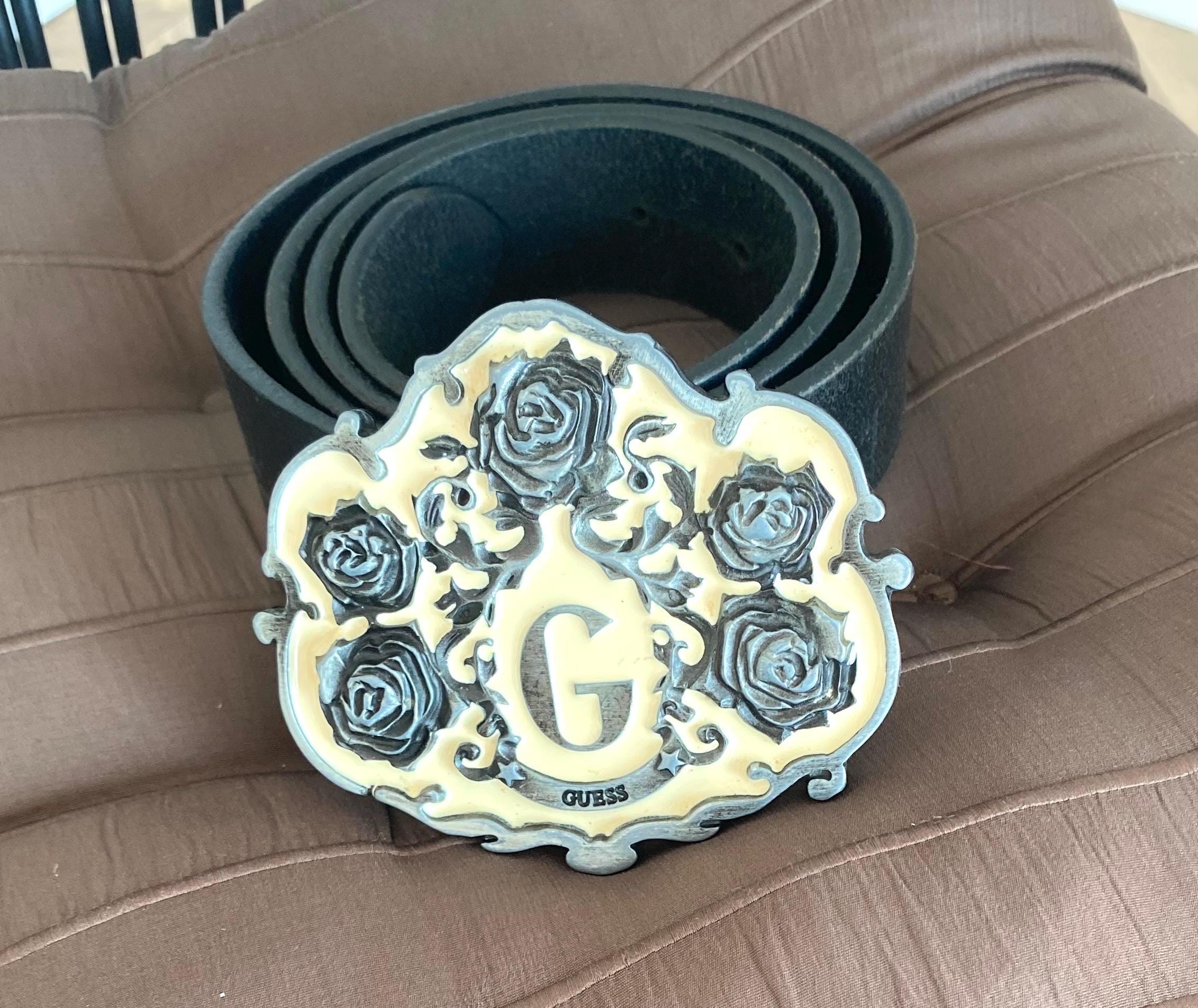 Guess Black Genuine Leather Belt With Ornate Rose Buckle  display picture 1