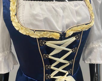 Vintage Oostenrijkse dirndl-jurk – donkermarineblauw, beige ruches – maat M (EU 38) US8-10