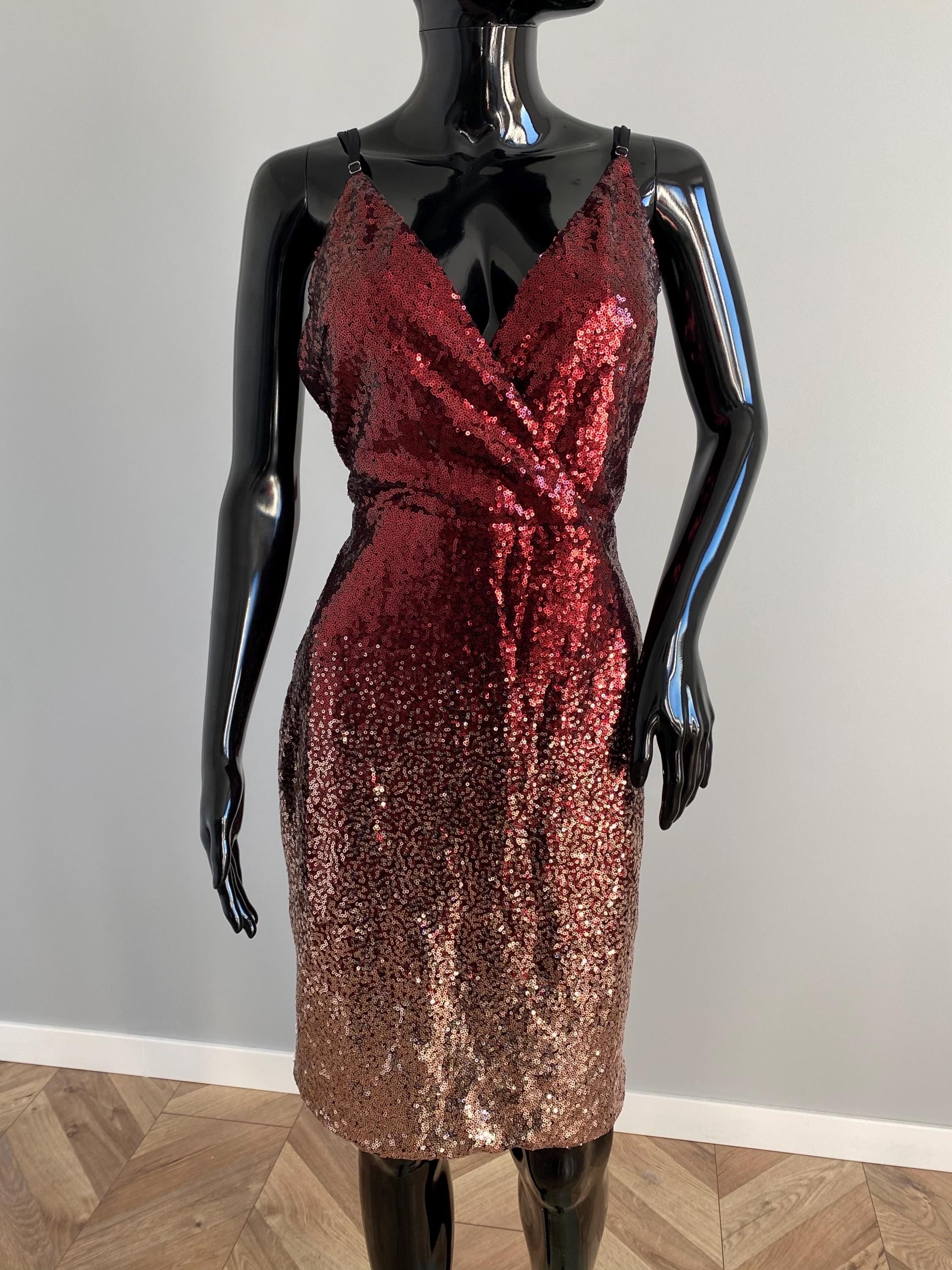 Sequin Ombre Dress | Dark Burgundy to Light Pink | Spaghetti Straps | Lined | Bust 98 Cm (US 10-12/ UK 14/ L)