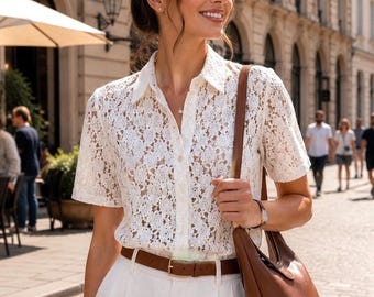 Vintage White Lace Blouse UK 14 EU 40 US 8-10 M | Sheer Floral Lace Button-Up Shirt |Romantic Cottagecore Summer Top | Made in England