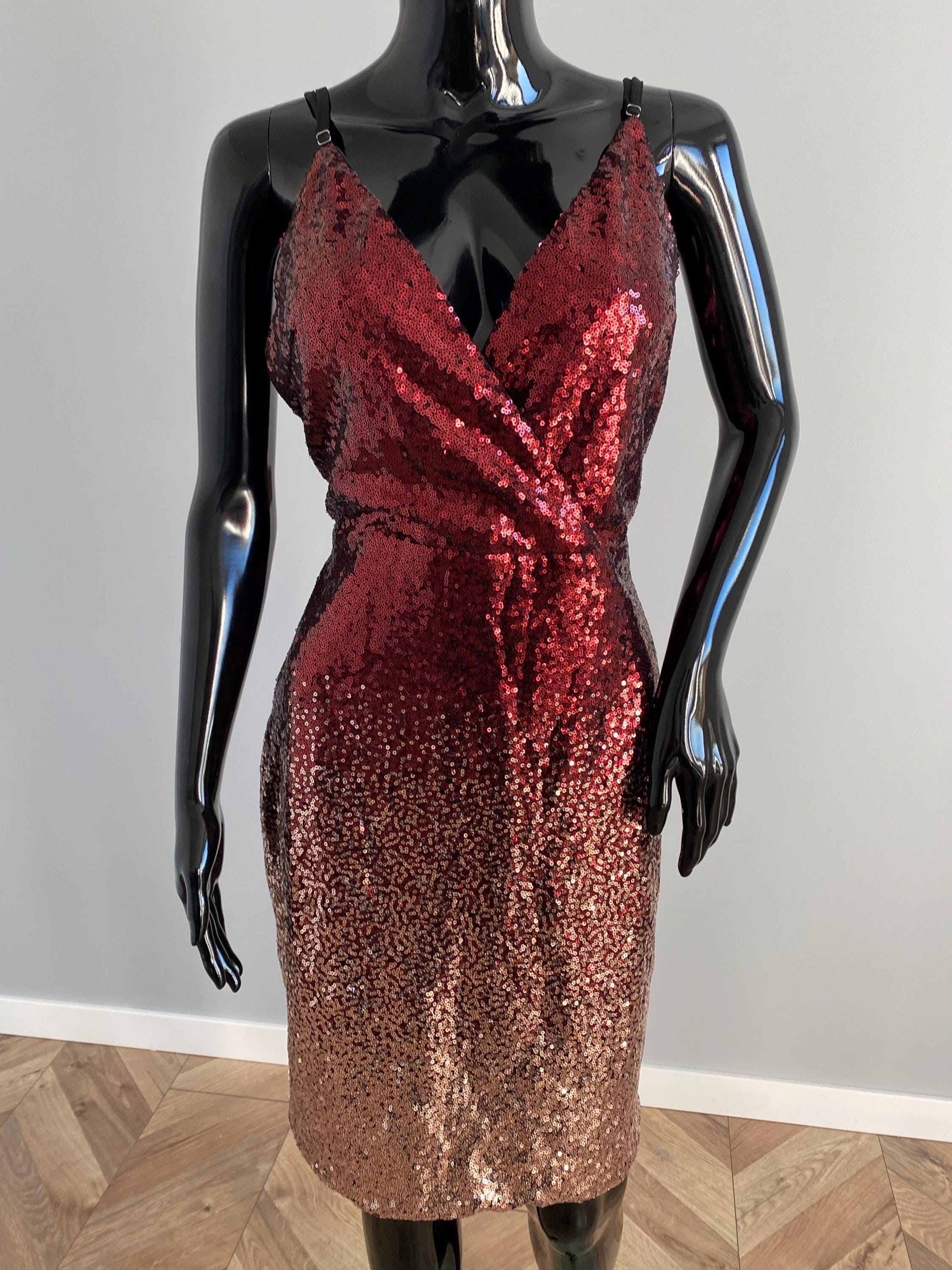 burgundy ombre sequin dress | Dark to Light Pink | Spaghetti Straps | Lined | Bust 98 Cm (US 10-12/ UK 14/ L) Maxi dress