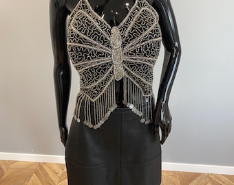 Black Butterfly Halter Top Fairycore 2000s Vintage Silver Beaded Lace Up Back Bustier Top Women