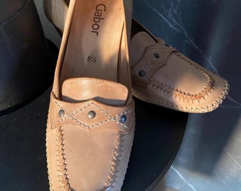 Gabor Heeled Loafers Beige Leather Womens Shoes EU 38 US 5.5 Block Heel Comfort Classic Office Elegant German Brand
