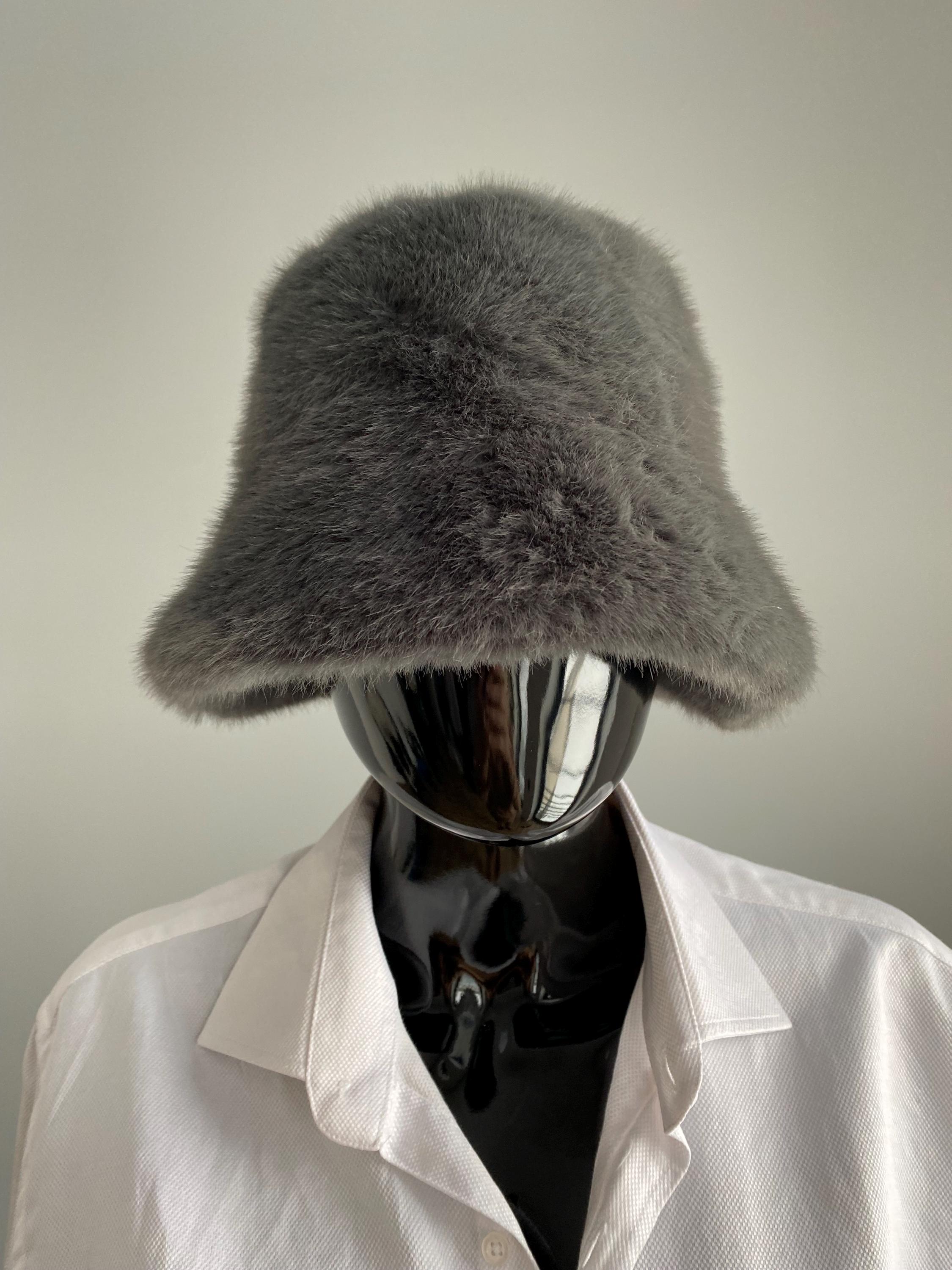 Grey Faux Mink Eco Fur Bucket Hat 58-59 Cm Winter Warm 