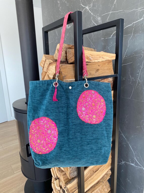Vintage Womens Handmade Tote Bag Turquoise Pink Textile Shopper Clémentine F. à Paris French Artisan Large 45x39 cm