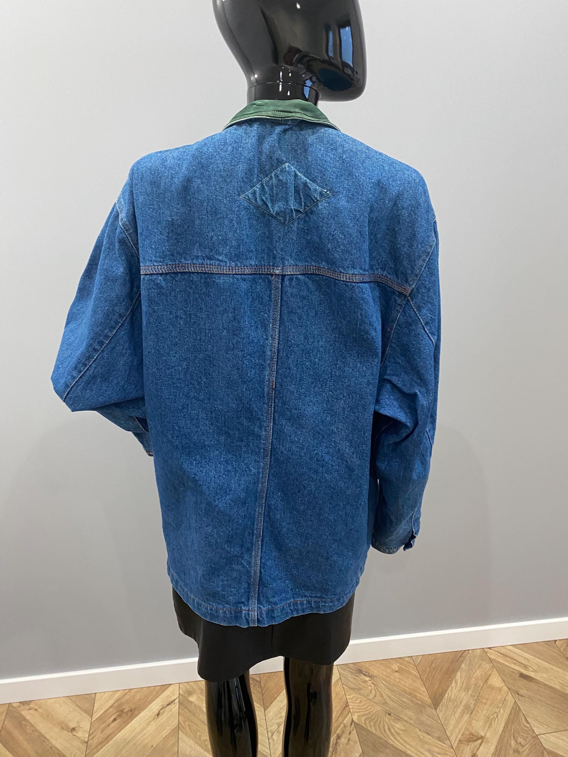 Vintage 90s Long Denim Jacket – Oversized, Stand Collar With