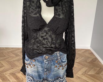 Vintage Black Sheer Polka Dot Blouse: Bow Neck, Long Sleeve - US 8