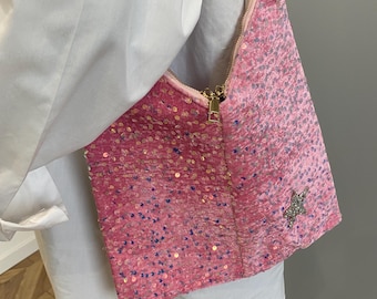 Bolso tote de lentejuelas brillantes para mujer / Parte superior de terciopelo rosa y cuerpo de lentejuelas negras / Bolso de hombro de gran capacidad / 33,5 x 35 cm
