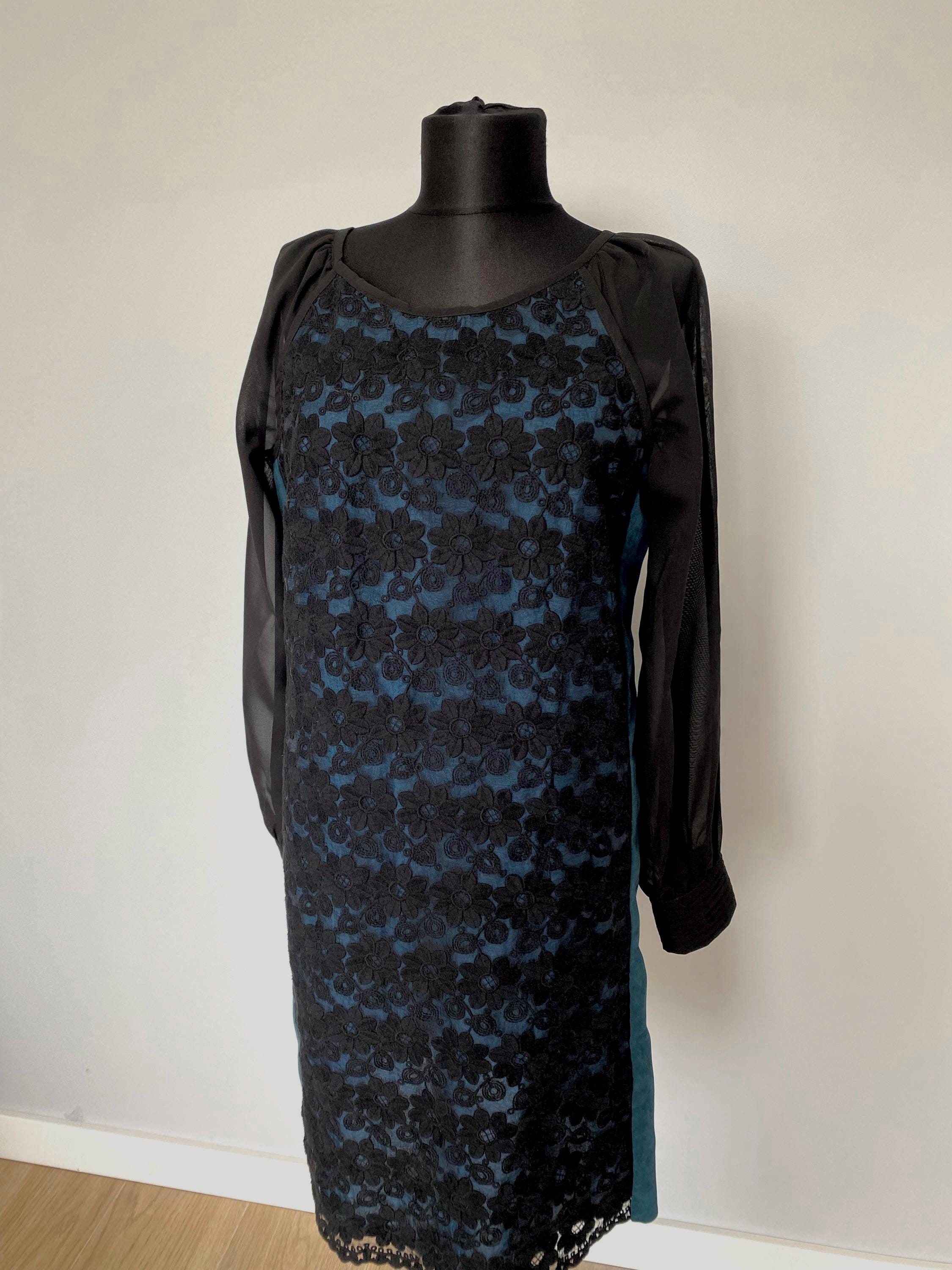 Turquoise Shift Dress with Black Lace Overlay & Sheer Black Sleeves - Size( M) US10 UK12 Turquoise Shift Dress with Black Lace Overlay & Sheer Black Sleeves - Size( M) US10 UK12