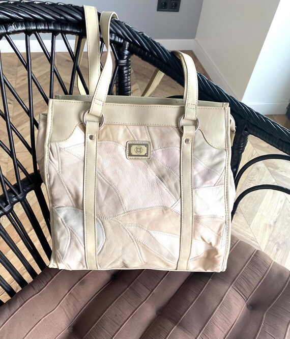 Beige Patchwork Tote Bag – Large Leather Style Sh… - image 8