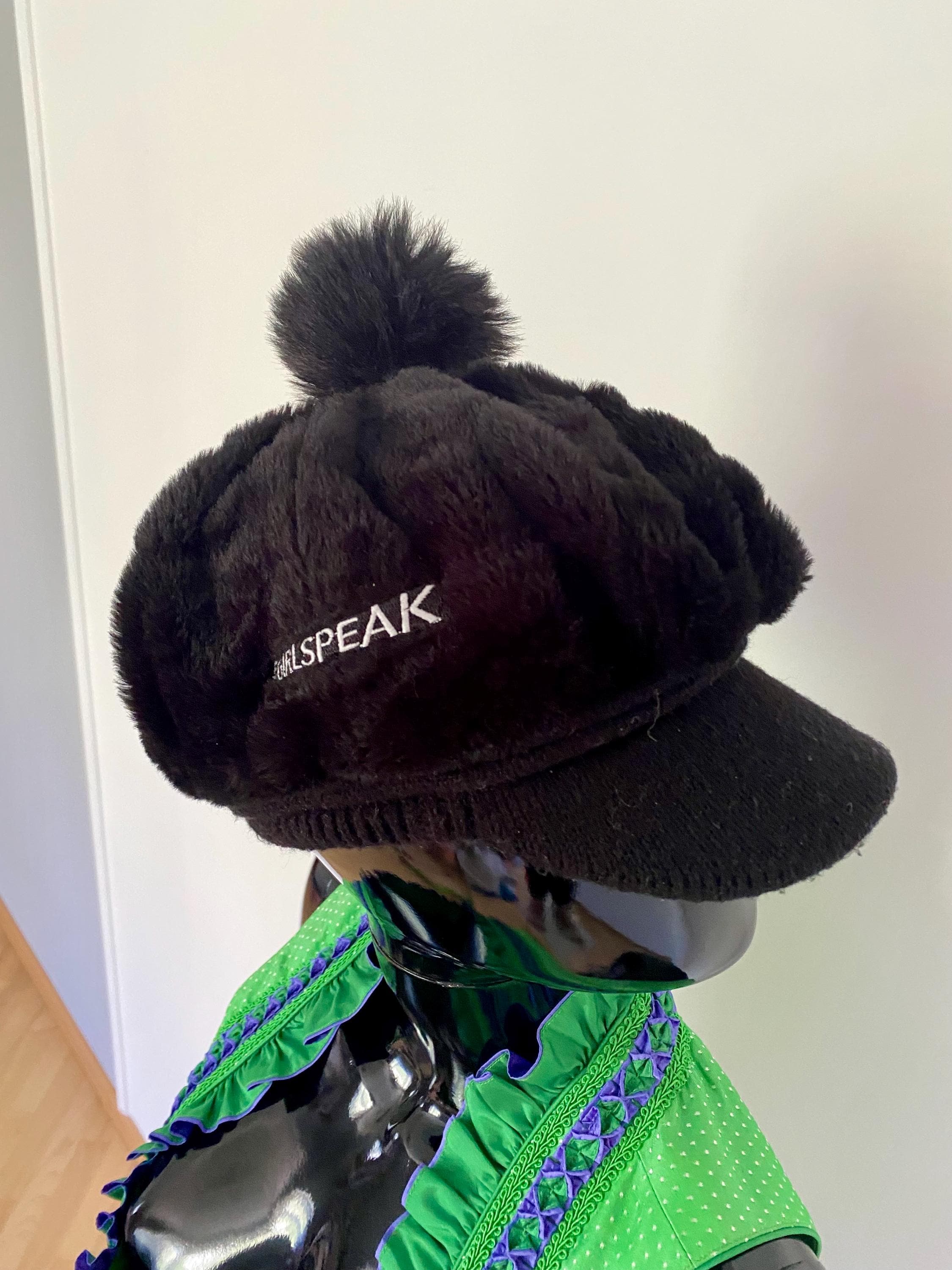 Black Plush Cap With Pom-pom | Embroidered #GIRLSPEAK | Cozy
