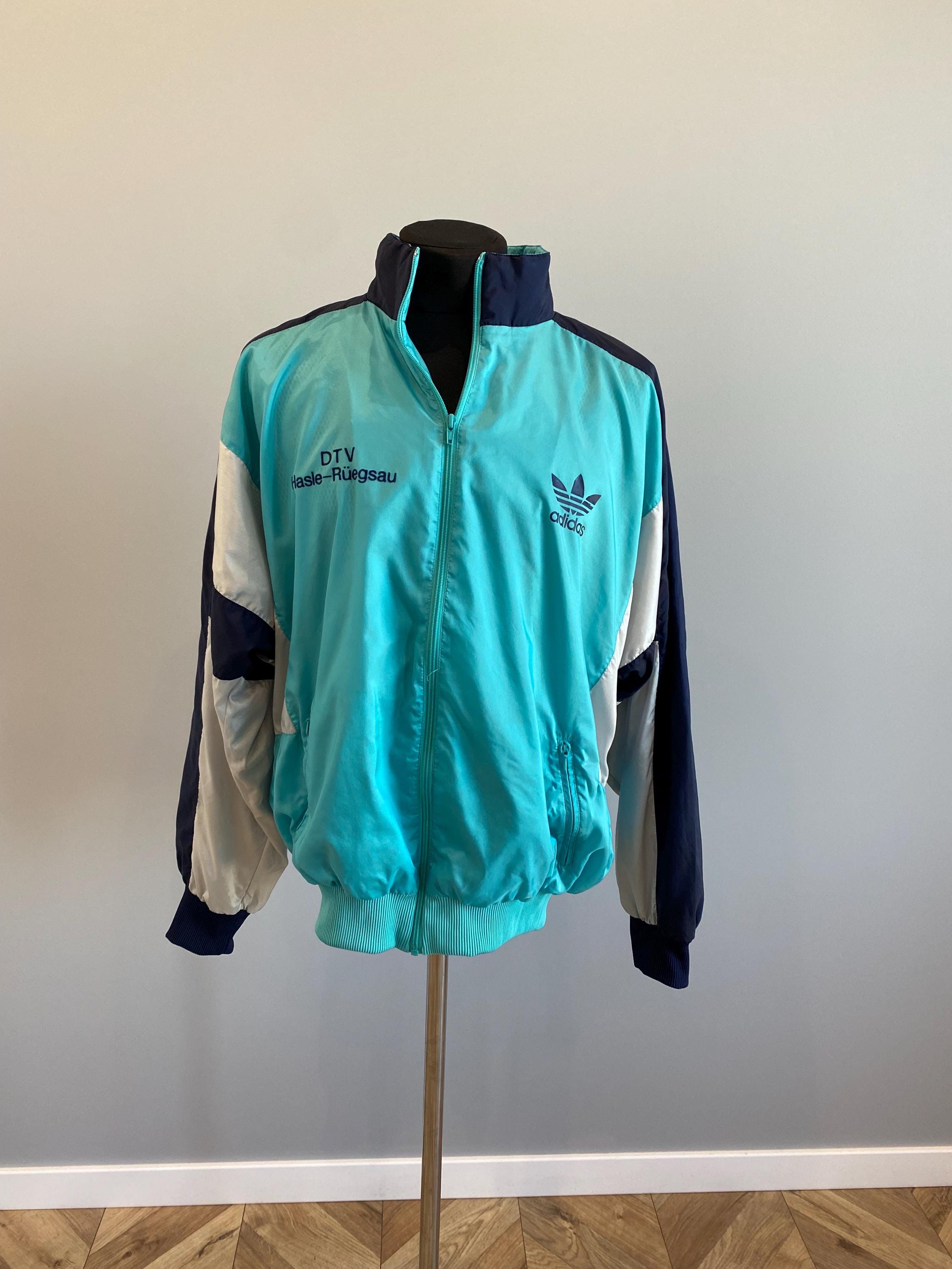  アディダス　90s トラックジャケット ターコイズ Vintage Adidas Track Jacket Teal & Navy – Zip up Retro 90s Style