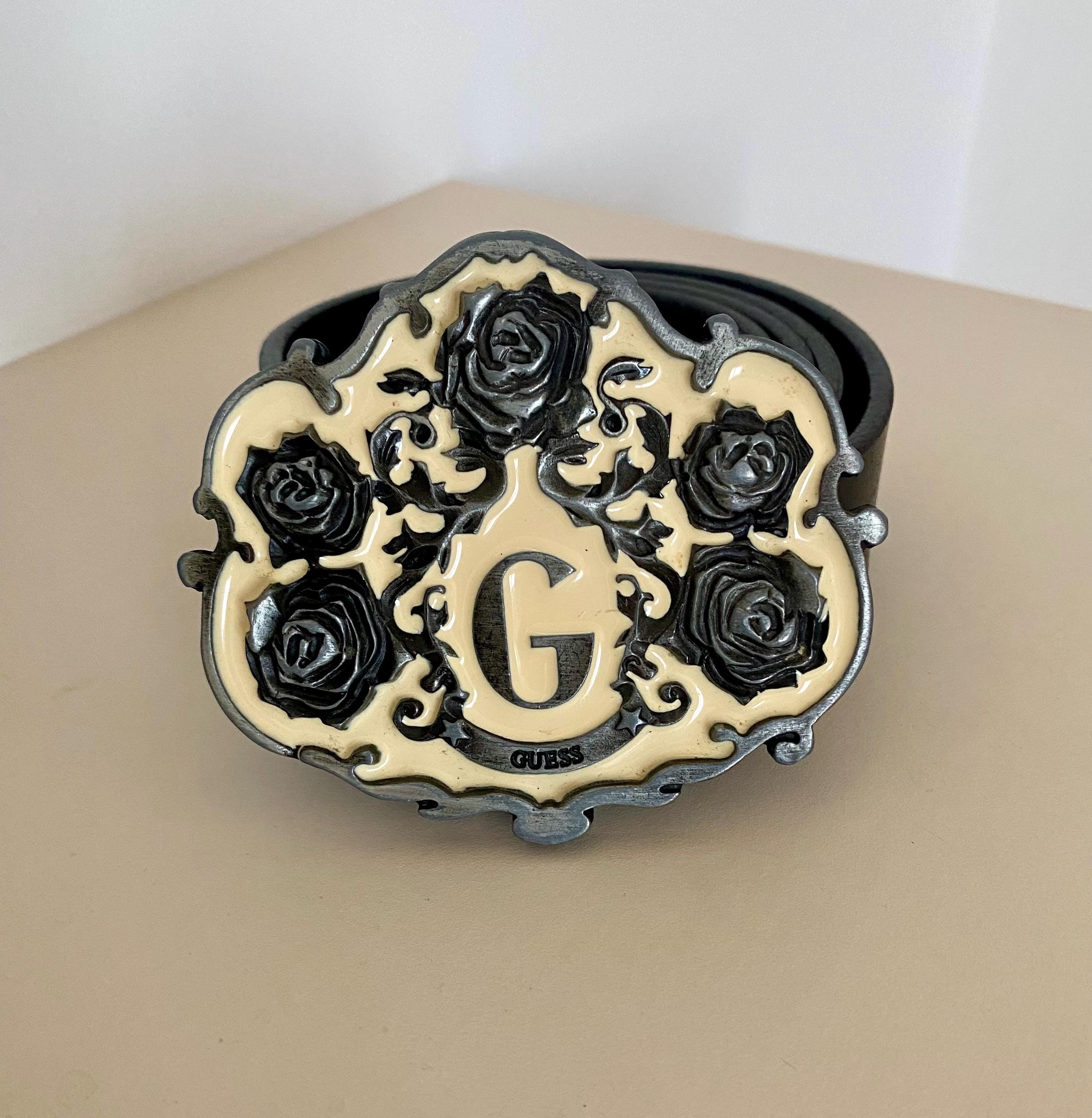 Guess Black Genuine Leather Belt With Ornate Rose Buckle  display picture 3