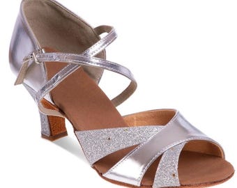 Chaussures de danse de salon argentées - semelle en daim, lanières, talon de 6 cm - 40 UE / 7 États-Unis