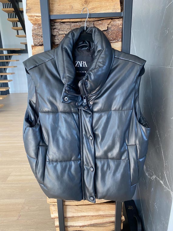 Zara Chaleco Cuero Acolchado Piel Chaleco Negro Acolchado Mujer