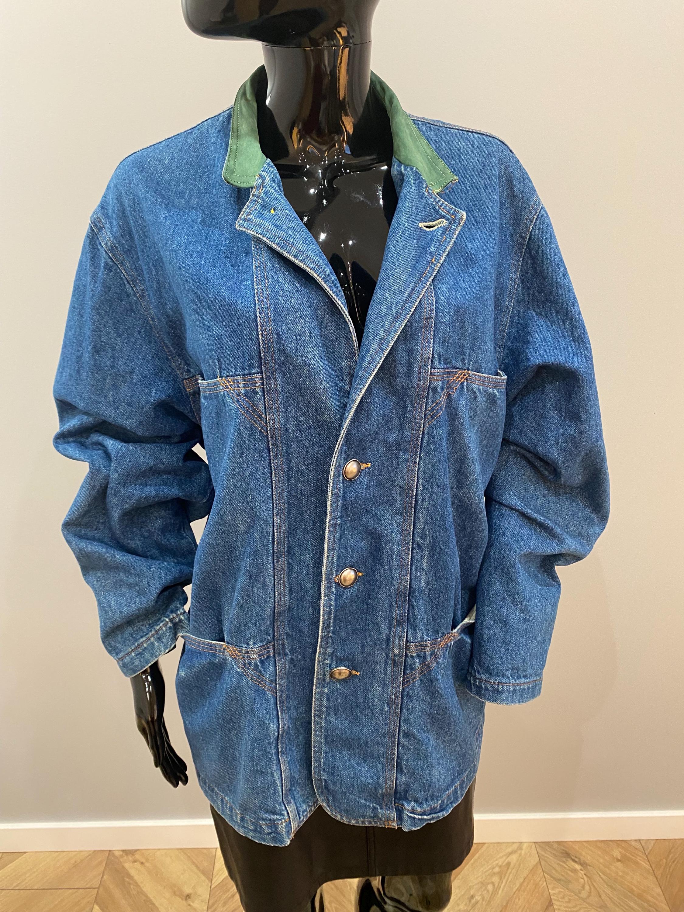 Vintage 90s Long Denim Jacket – Oversized, Stand Collar With