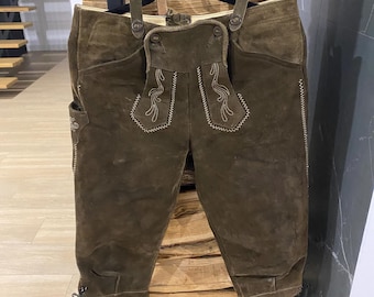 Traditional German Lederhosen Shorts , Brown Leather, Size EUR 48 (S)