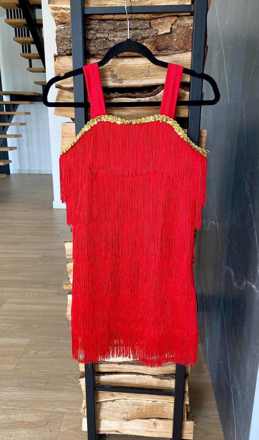 red and gold flapper dress Red Flapper Dress With Gold Sequin Details 1920s Gatsby Style, Size XS-S