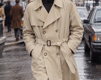 Vintage Men's Trench Coat L US 42-44 EU 52-54 UK 42-44 Beige 80s Double Breasted Classic Overcoat
