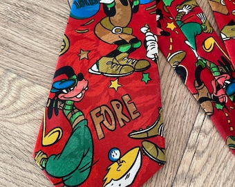 Vintage 80s 90s Goofy Character Silk Necktie Handmade Red Cartoon Disney Inspired Novelty Tie Gold City Mens Collectible Gift