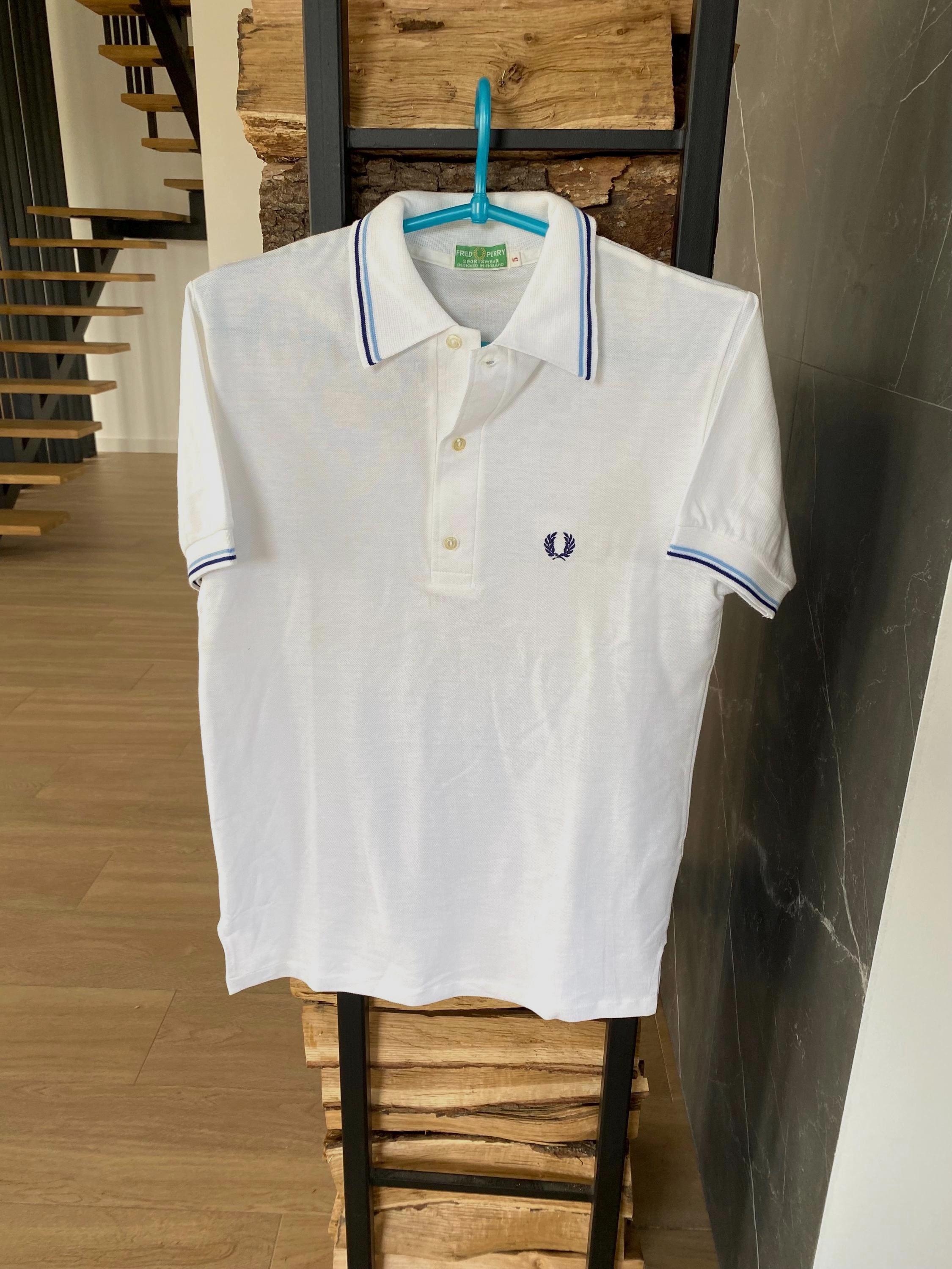 Vintage Fred Perry Polo Shirt: White Cotton, Blue Trim - Made in