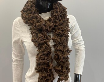 Vintage Brown Knit Scarf Boa Curly Texture Chunky Winter Scarf Chocolate Soft Cozy Statement Scarf Women Long 180 cm