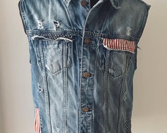 Vintage Denim Vest by Legora – Rowing Club Patch, USA Flag