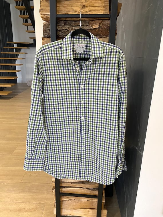 tm lewin dress shirts TM Lewin Dress Shirt Mens 15-33 Medium Plaid Slim Fit French Cuff Excellent