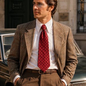 Op de afbeelding: Een bruine blazer met ruitpatroon gedragen over een wit overhemd met een stijve kraag en een donkerrode das met een zwart stippenpatroon. De outfit bevat een bruine broek met een bruine leren riem, wat zorgt voor een gestructureerde uitstraling.