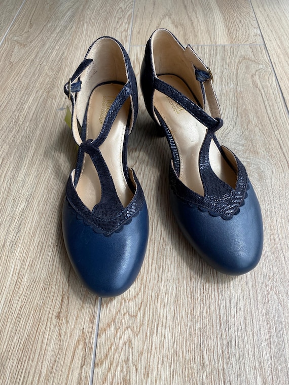 Hotter Blue Leather T Strap Shoes UK5 EU38 US7 Mary Jane Heels Comfort Shoes Low Heel Vintage Style Office Smart Casual