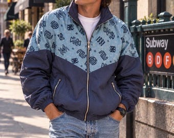 Vintage Crazy Wave Men’s Windbreaker Jacket Size L US 42 EU 52 80s 90s Geometric Colorblock Retro Track Jacket Classic Streetwear