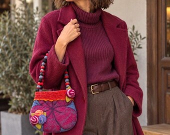 UTTAM London Felted Wool Handbag ColorfulFloral Bag Handmade Style Boho Shoulder Bag Like New