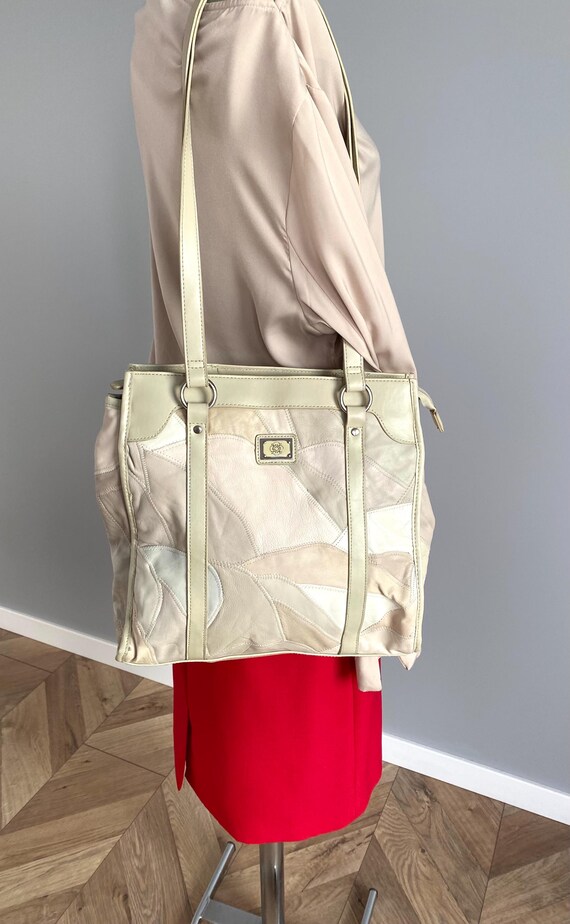 Beige Patchwork Tote Bag – Large Leather Style Sh… - image 4