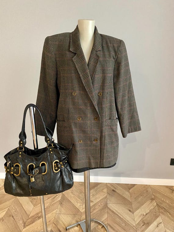 Vintage Swiss Wool Blend Blazer: 80s Glen Check Oversized Jacket