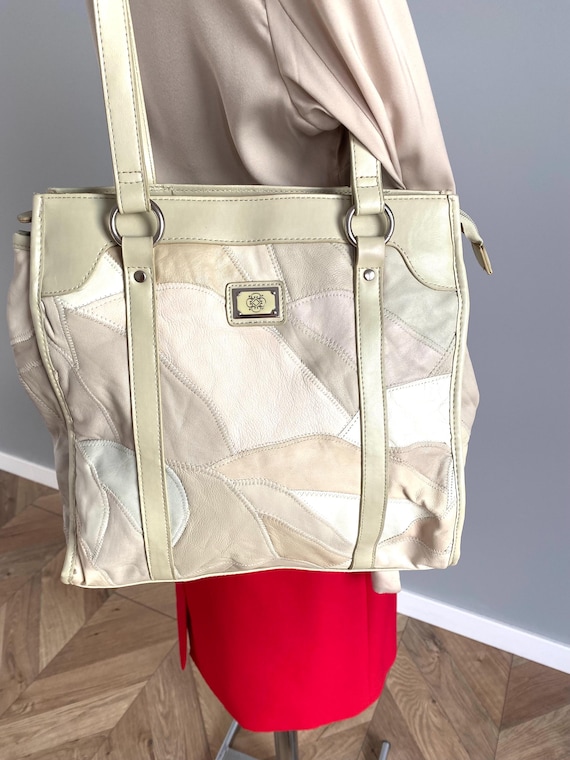 Beige Patchwork Tote Bag – Large Leather Style Sh… - image 1