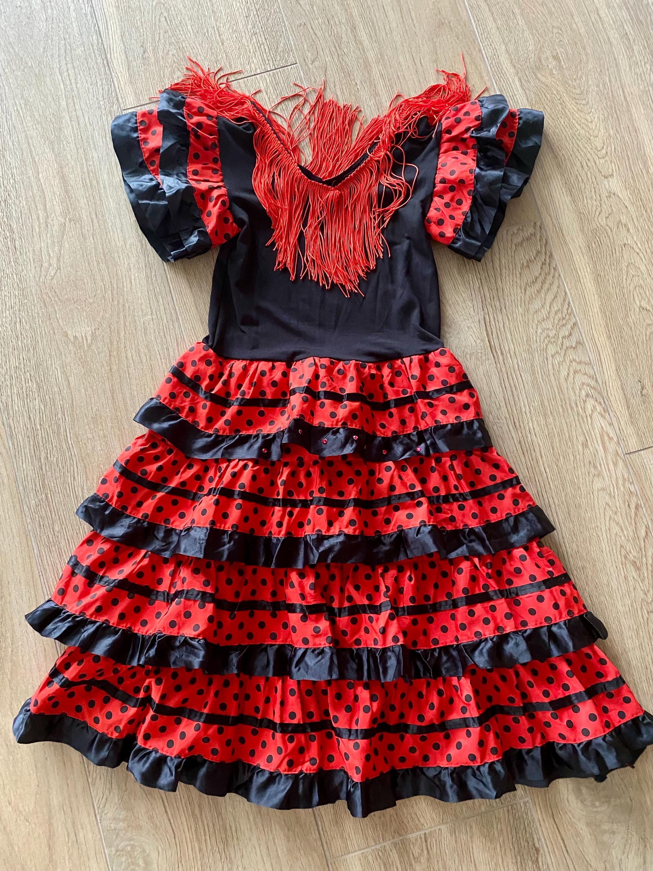 赤 - 黒 フラメンコドレス：スペイン風フリルダンス衣装 - サイズ 6-9