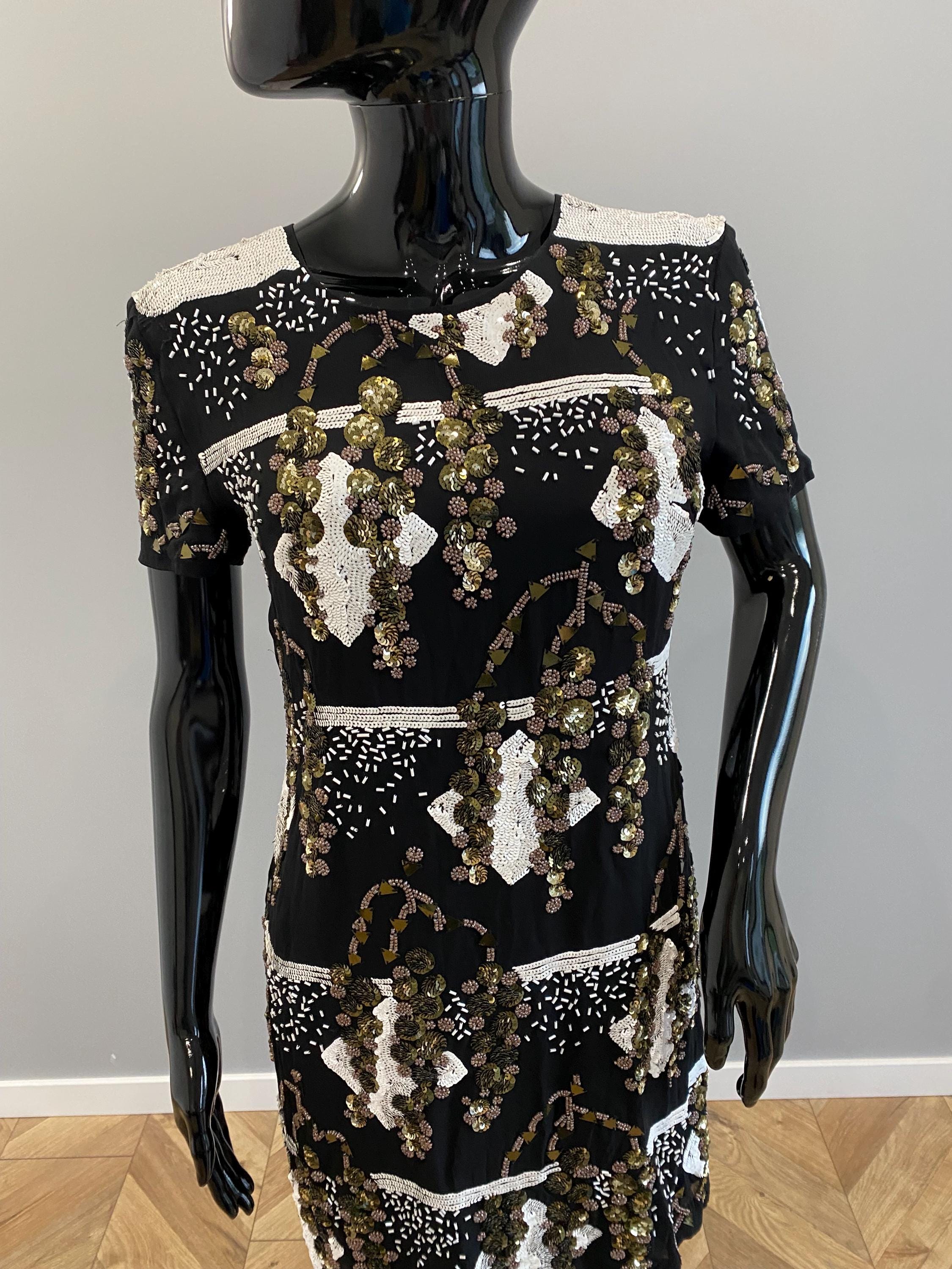 french connection black gold sequin dress White UK 10 Modern Vintage Party Dress Statement Evening Dress Sequin shift