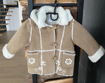 Children’s Shearling Coat with Detachable Hood – Beige with Embroidery – 80 cm