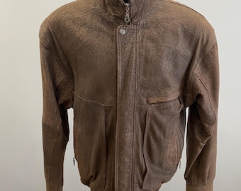90s Mens XL Suede Leather Zip Bomber Jacket Preppy Grunge, Vintage