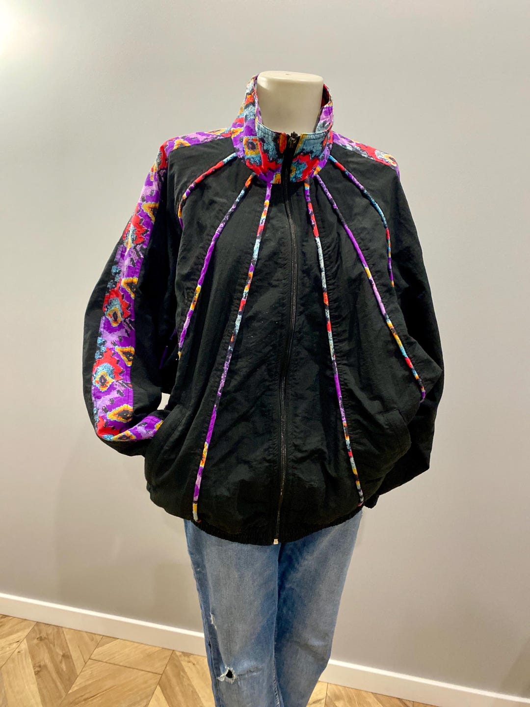 Vintage Rodeo Windbreaker Jacket – Black With Colorful Ikat Print ...
