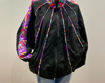 Vintage rodeo-windjack – zwart met kleurrijke ikat-printdetails, maat L