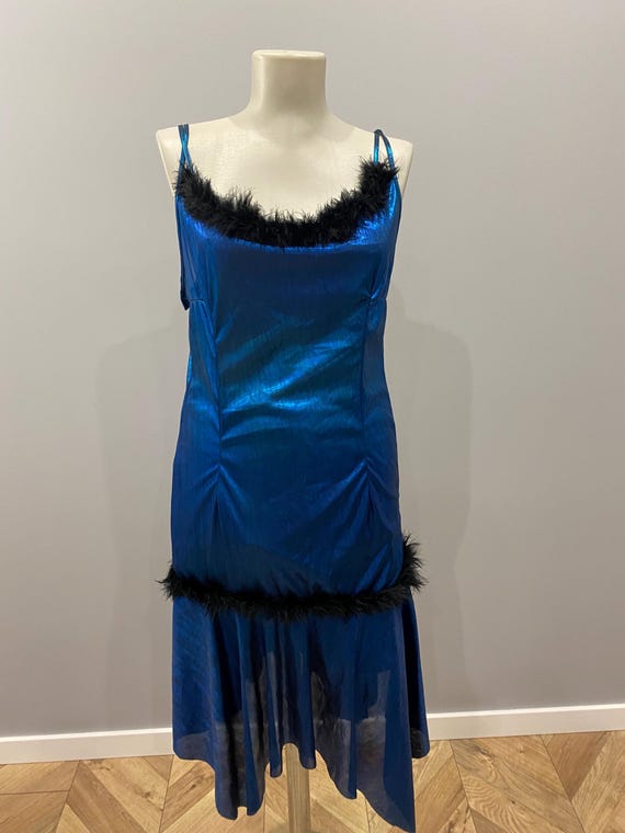 Vintage Blue Satin Slip Dress 36/38 S/M - Spaghetti Straps, Black Feather Trim, Asymmetrical Hem, Burlesque Cabaret Party Dress