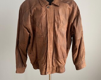 Vintage Brown Leather Bomber Jacket Mens XL 54-56 Classic Biker Retro Genuine Leather Flight Jacket Perfect Condition