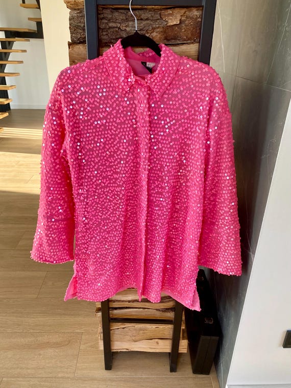 Pink Sequin Shirt Dress: Sparkly 80s Party Tunic, Size S-M Pink Sequin Shirt Dress: Sparkly 80s Party Tunic, Size S-M