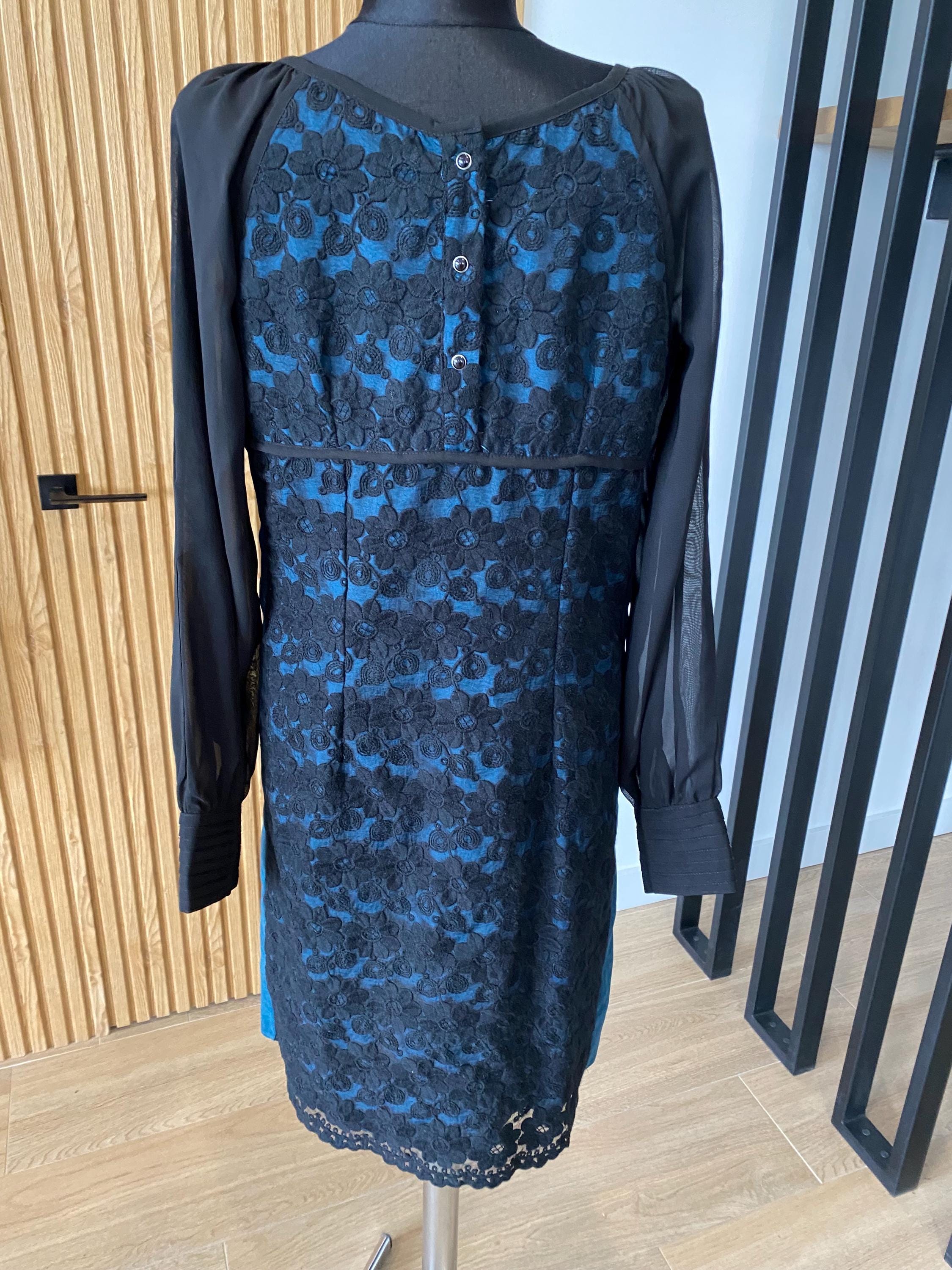 Turquoise Shift Dress with Black Lace Overlay & Sheer Black Sleeves - Size( M) US10 UK12