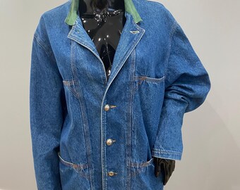 Vintage 90s Long Denim Jacket – Oversized, Stand Collar With