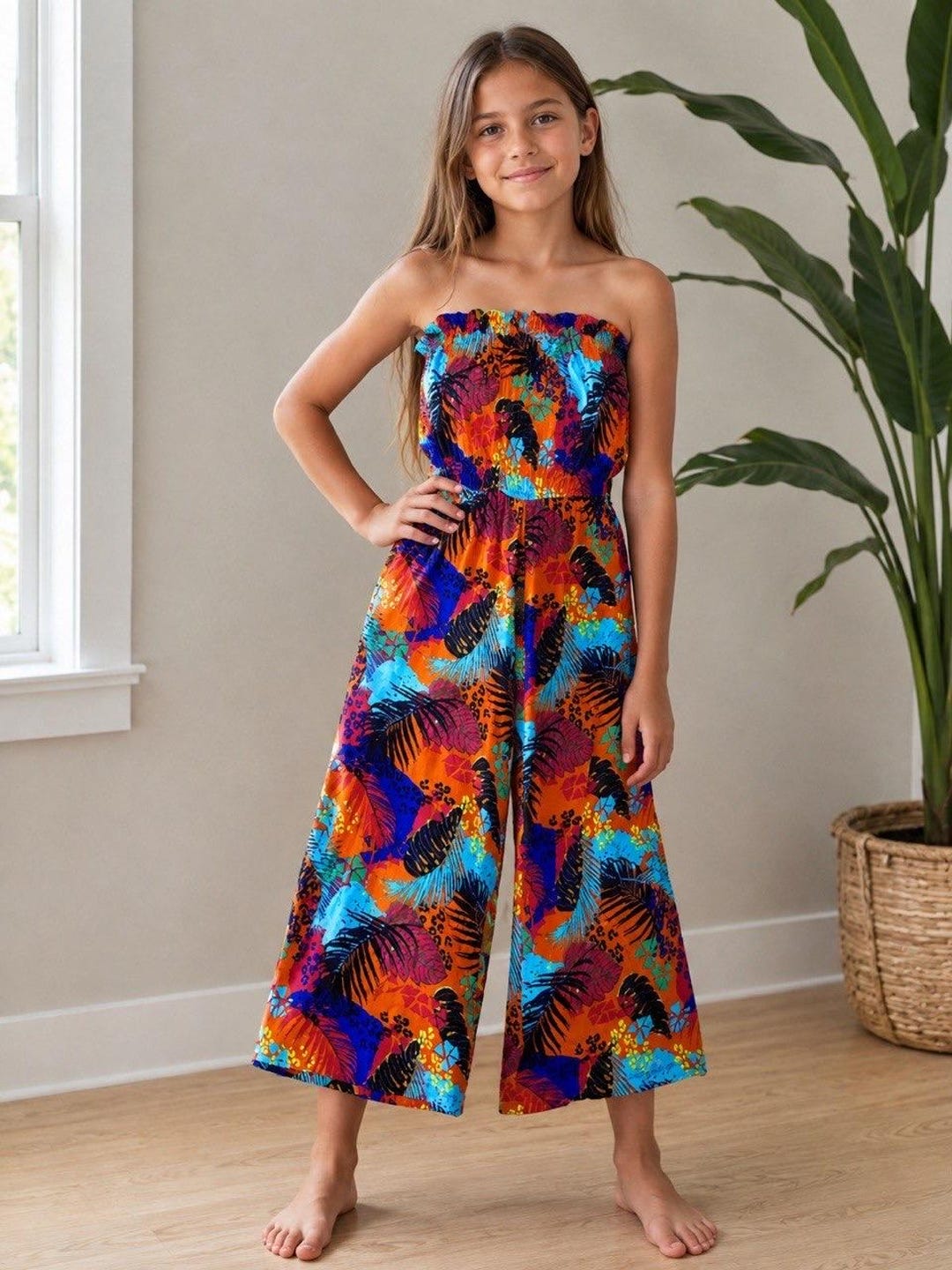 Tropical Cotton Kids Overall: Girls Summer Jumpsuit 10 Years 140
